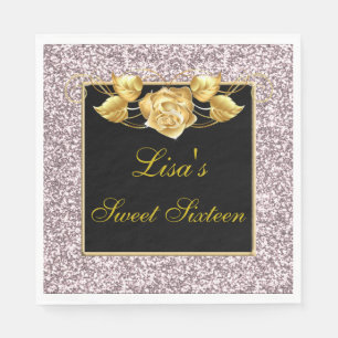 Elegant Chic Pink Glitter Gold Rose Sweet 16 Napkin