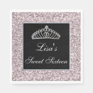 Elegant Chic Pink Glitter Tiara Sweet 16 Napkin