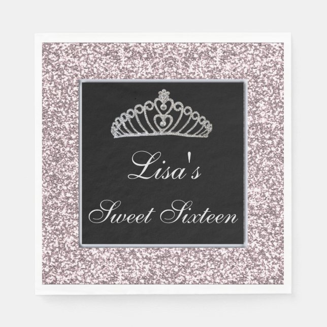 Elegant Chic Pink Glitter Tiara Sweet 16 Napkin (Front)