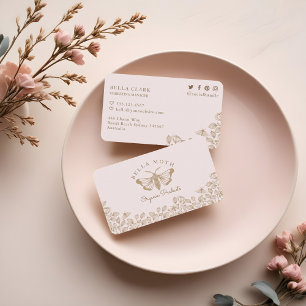 Elegant & Chic Pink & Gold Florals & Moth Logo Business Card