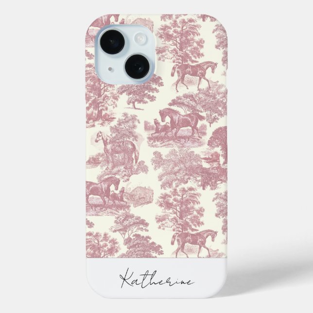 Elegant Chic Pink Horse Toile Name Case-Mate iPhone Case (Back)