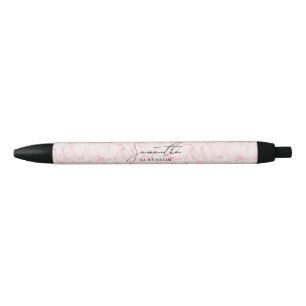 Elegant Chic Pink Marble Handwritten Script Name Black Ink Pen
