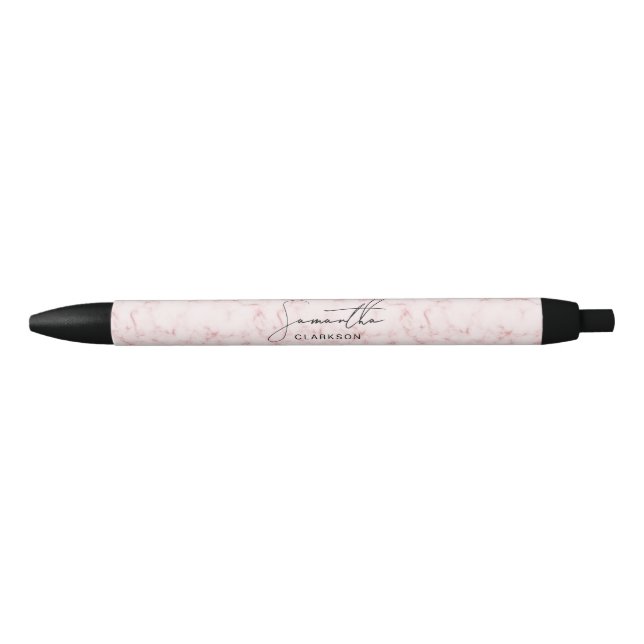 Elegant Chic Pink Marble Handwritten Script Name Black Ink Pen (Front)