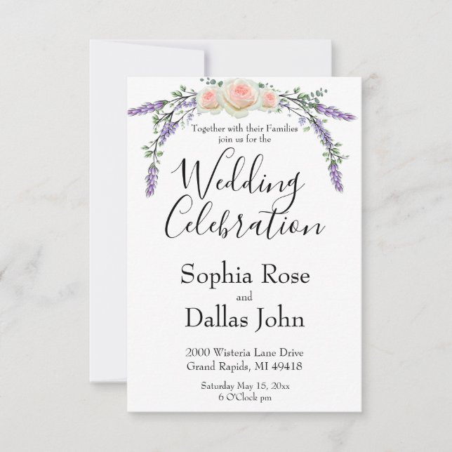Elegant chic pink rose Lavender Eucalyptus Wedding Invitation (Front)