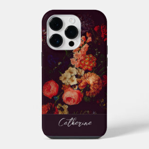 Elegant Chic Pink Roses Floral on Black Name iPhone 14 Pro Case