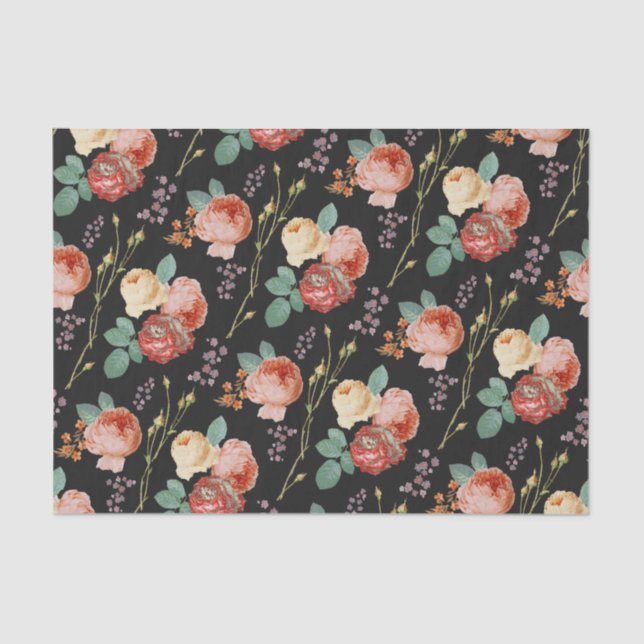 Elegant Chic Pink Roses Floral on Black Tissue Paper (Front)