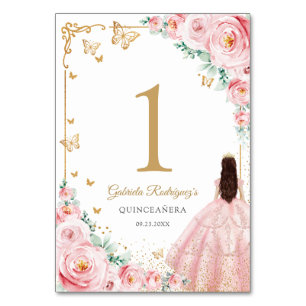 Elegant Chic Pink Roses Gold Quinceanera Table Number