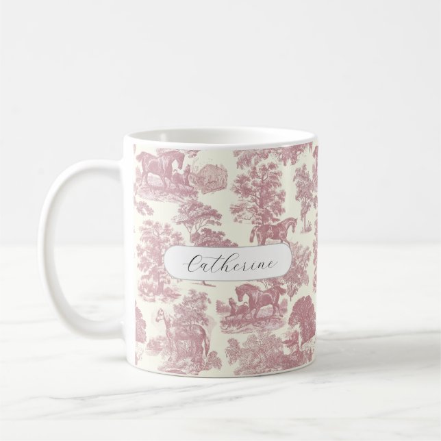 Elegant Chic Pink Rustic Horse Toile Name Coffee Mug (Left)