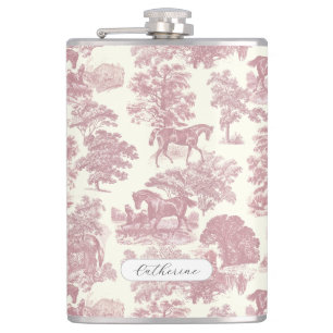 Elegant Chic Pink Rustic Horse Toile Name Hip Flask