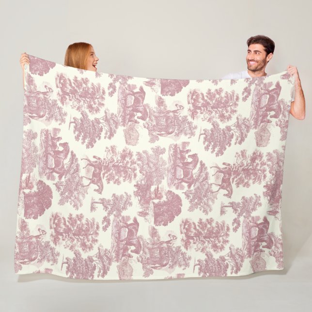 Elegant Chic Pink Rustic Horses Toile Fleece Blanket (In Situ)