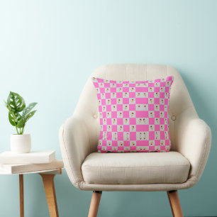Elegant Chic Pink & White Plaid With Flower Cushion