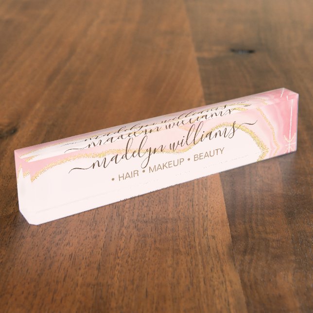 Elegant Chic Professional Pink Gold Marble Agate Nameplate (Side)