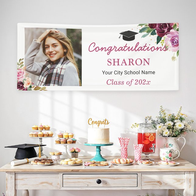 Elegant Chic Purple Floral Photo Graduation Party Banner (Creator Uploaded)