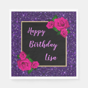 Elegant Chic Purple Glitter Pink Roses Birthday Napkin