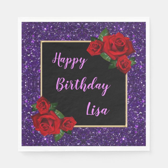 Elegant Chic Purple Glitter Red Roses Birthday Napkin (Front)