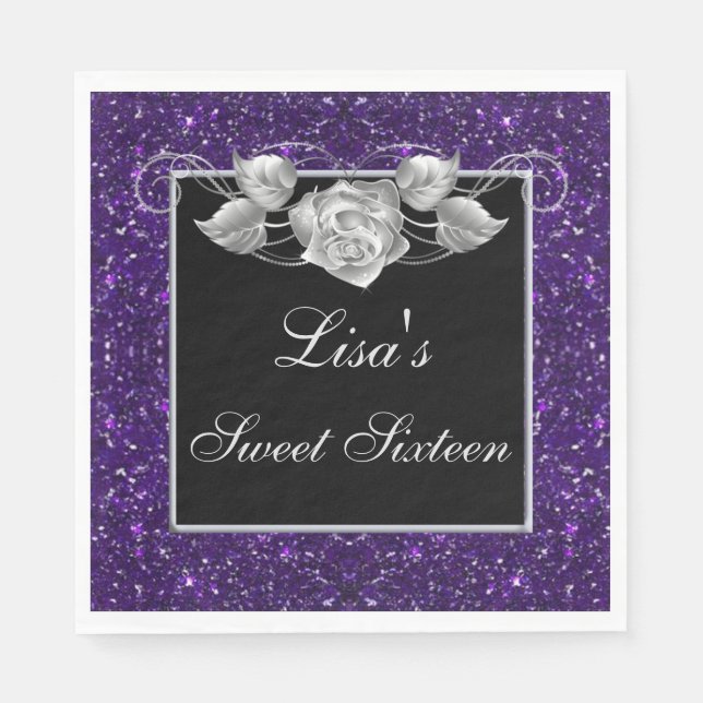Elegant Chic Purple Glitter Silver Rose Sweet 16 Napkin (Front)