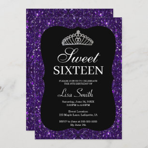 Elegant Chic Purple Glitter Tiara Sweet 16 Invitation