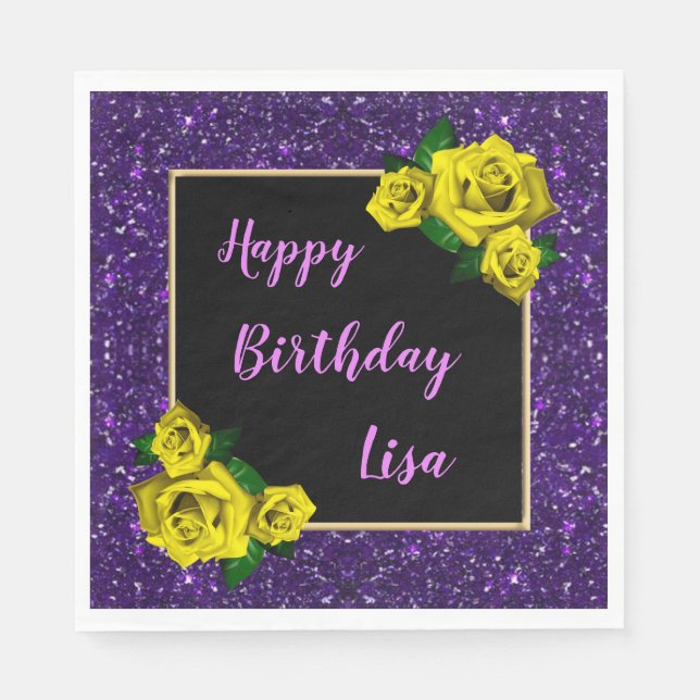 Elegant Chic Purple Glitter Yellow Roses Birthday Napkin (Front)
