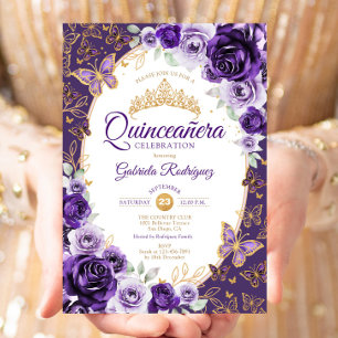 Elegant Chic Purple Gold Floral Quinceanera Invitation