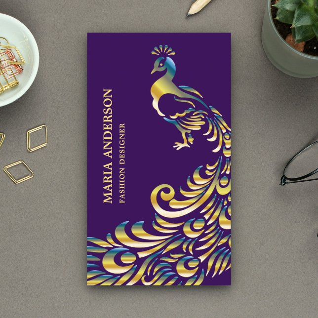 Elegant Chic Purple Gold Foil Shiny Peacock Business Card (Creator Uploaded)