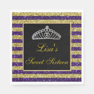 Elegant Chic Purple Gold Glitter Tiara Sweet 16 Napkin