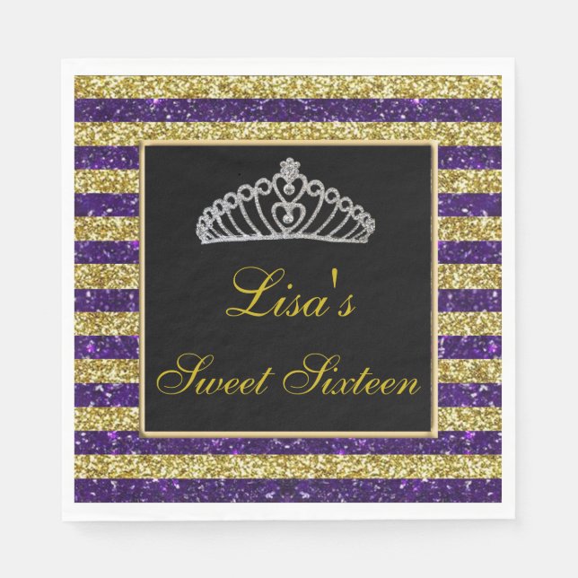Elegant Chic Purple Gold Glitter Tiara Sweet 16 Napkin (Front)