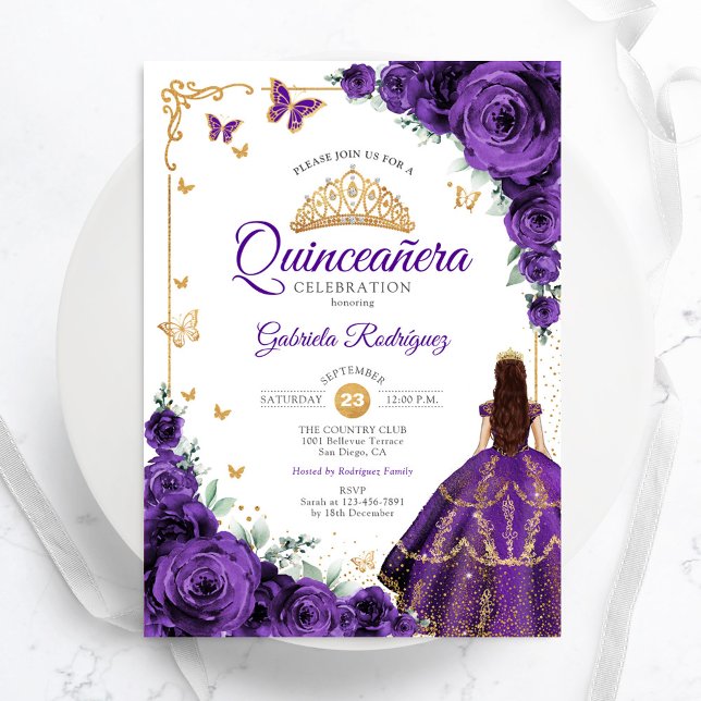 Elegant Chic Purple Roses Gold Quinceanera Invitation (Creator Uploaded)