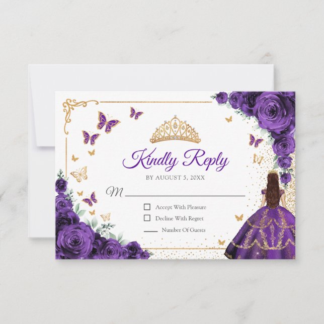 Elegant Chic Purple Roses Gold Quinceanera Reply RSVP Card (Front)