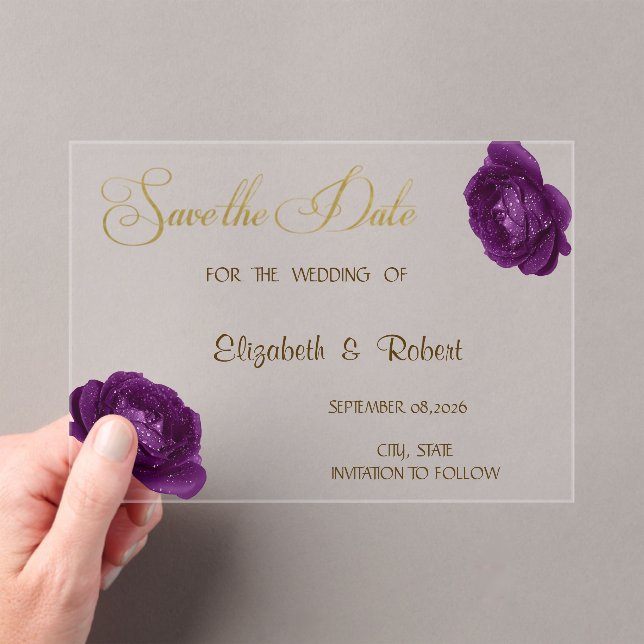 Elegant Chic Purple Roses  Save The Date Acrylic Invitations (Insitu (Handheld))