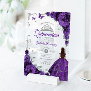 Elegant Chic Purple Roses Silver Quinceanera Acrylic Invitations
