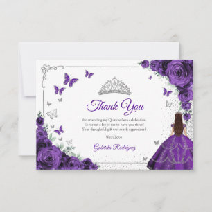 Elegant Chic Purple Roses Silver Quinceanera Thank You Card