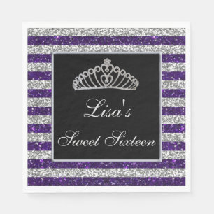 Elegant Chic Purple Silver Glitter Tiara Sweet 16 Napkin