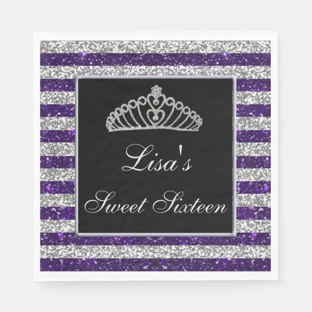Elegant Chic Purple Silver Glitter Tiara Sweet 16 Napkin (Front)