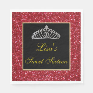 Elegant Chic Red Glitter Tiara Sweet 16 Napkin