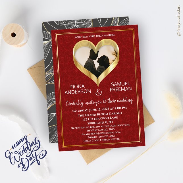 Elegant Chic Red Gold Custom Photo Wedding  Invitation (Creator Uploaded)