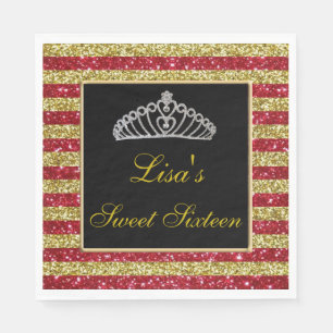 Elegant Chic Red Gold Glitter Tiara Sweet 16 Napkin