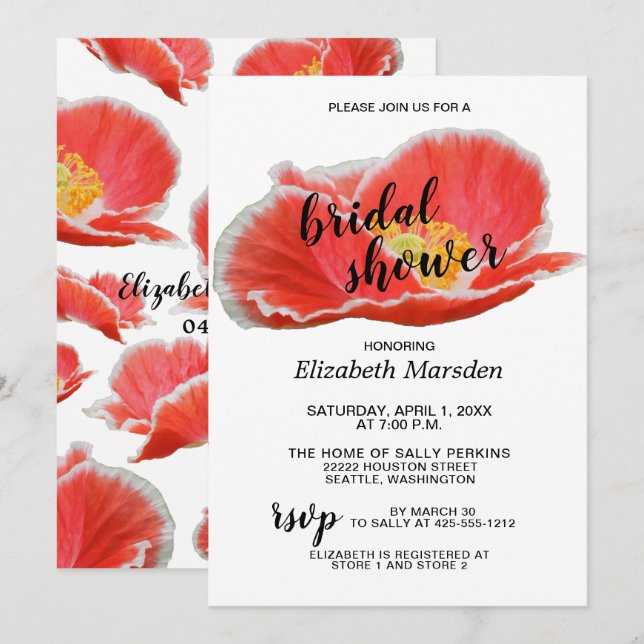 Elegant Chic Red Poppies Floral Bridal Shower Invitation (Front/Back)