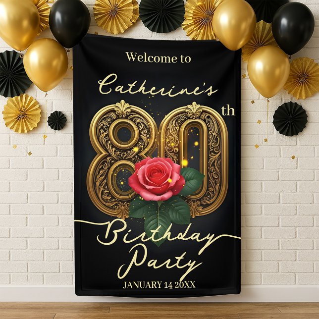Elegant Chic Red Rose Gold Filigree 80th Birthday Banner (Creator Uploaded)