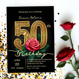 Elegant Chic Red Rose & Gold Number 50th Birthday Invitation