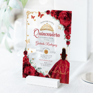 Elegant Chic Red Roses Gold Quinceanera  Acrylic Invitations