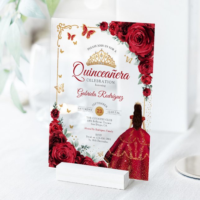 Elegant Chic Red Roses Gold Quinceanera  Acrylic Invitations (Creator Uploaded)