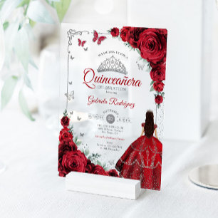 Elegant Chic Red Roses Silver Quinceanera Acrylic Invitations