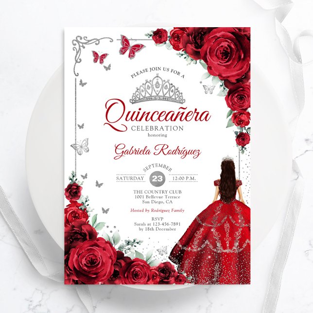 Elegant Chic Red Roses Silver Quinceanera Invitation (Creator Uploaded)