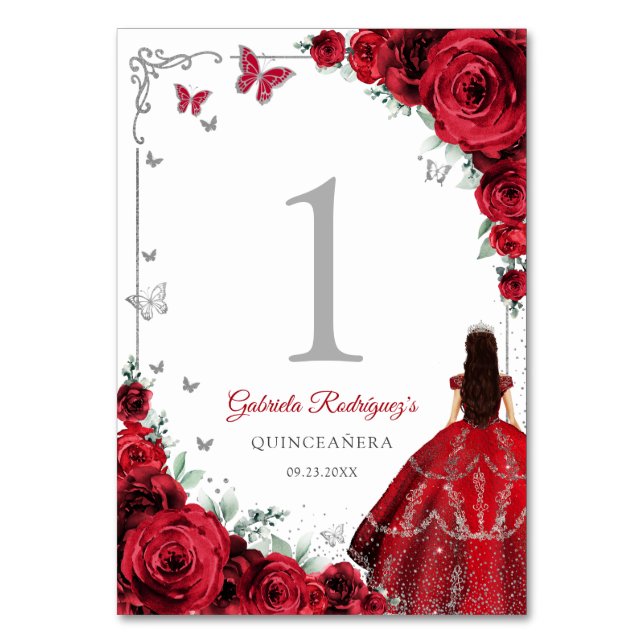 Elegant Chic Red Roses Silver Quinceanera Table Number (Front)