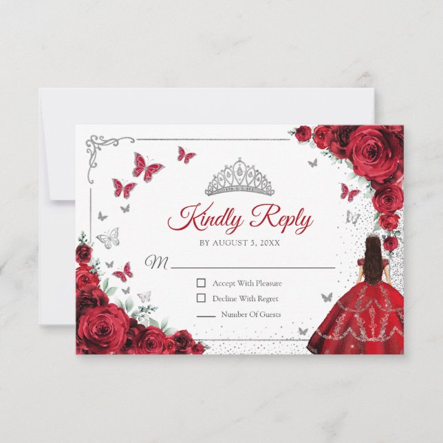 Elegant Chic Red Silver Quinceanera Reply RSVP Card (Front)