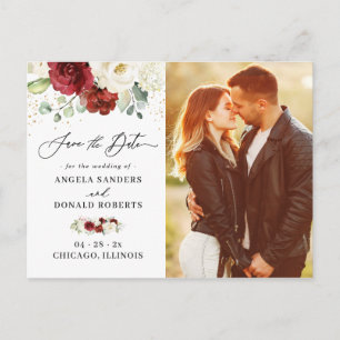 Elegant Chic Red White Floral Photo Save the Date Postcard