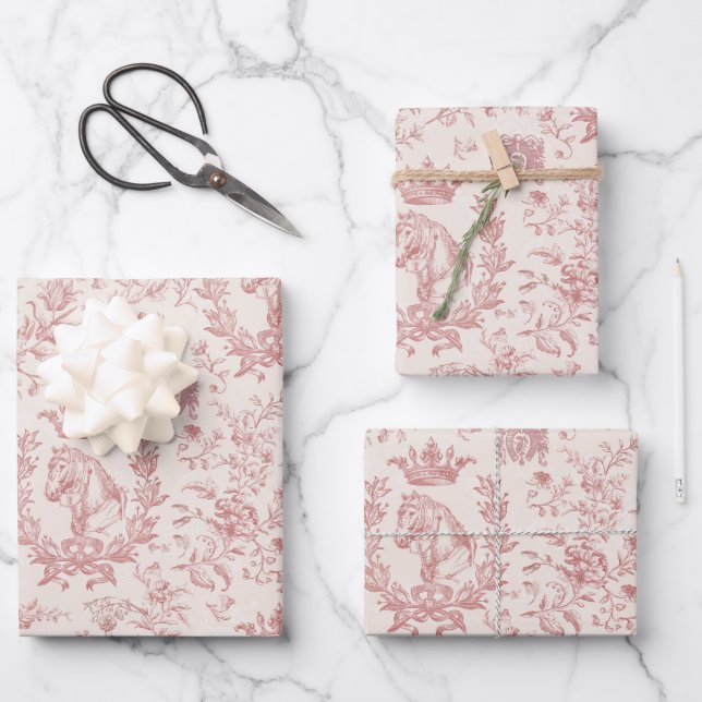 Elegant Chic Rose Beige Equestrian Floral Toile Wrapping Paper Sheet (Front)