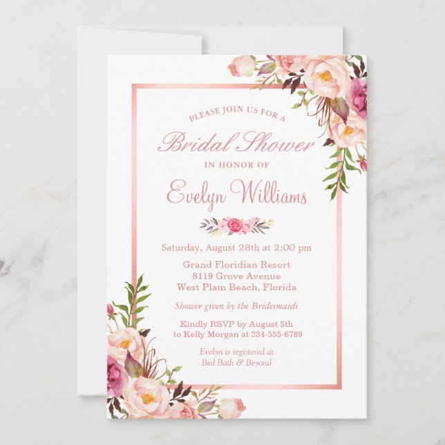 Elegant Chic Rose Gold Floral Bridal Shower Invitation (Front)