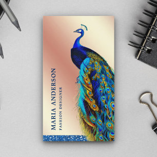 Elegant Chic Rose Gold Foil Blue Indian Peacock Business Card