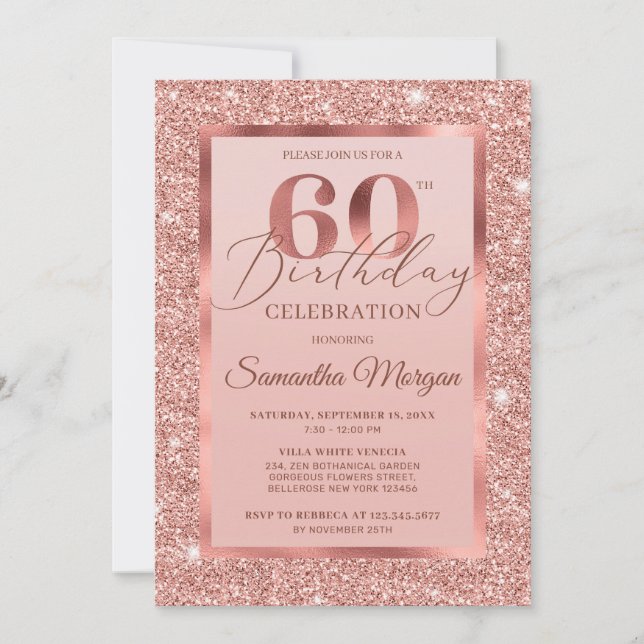 Elegant chic rose gold glitter foil 60th birthday invitation (Front)